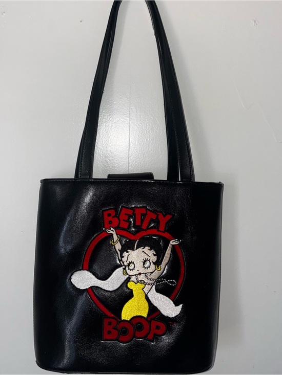 Handbags - Betty Boop Black Faux Leather Tote Bag with Embroidered Graphic